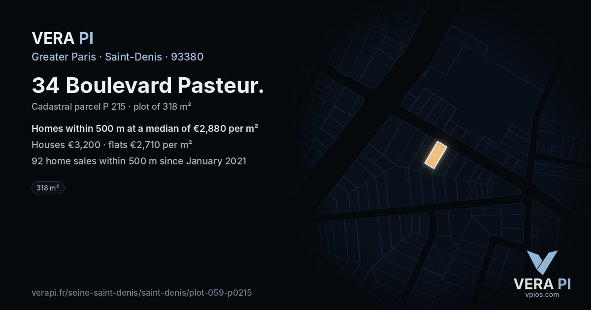 34 Boulevard Pasteur, Saint-Denis at night – the plot lit, the parcels around coloured by the prices near them