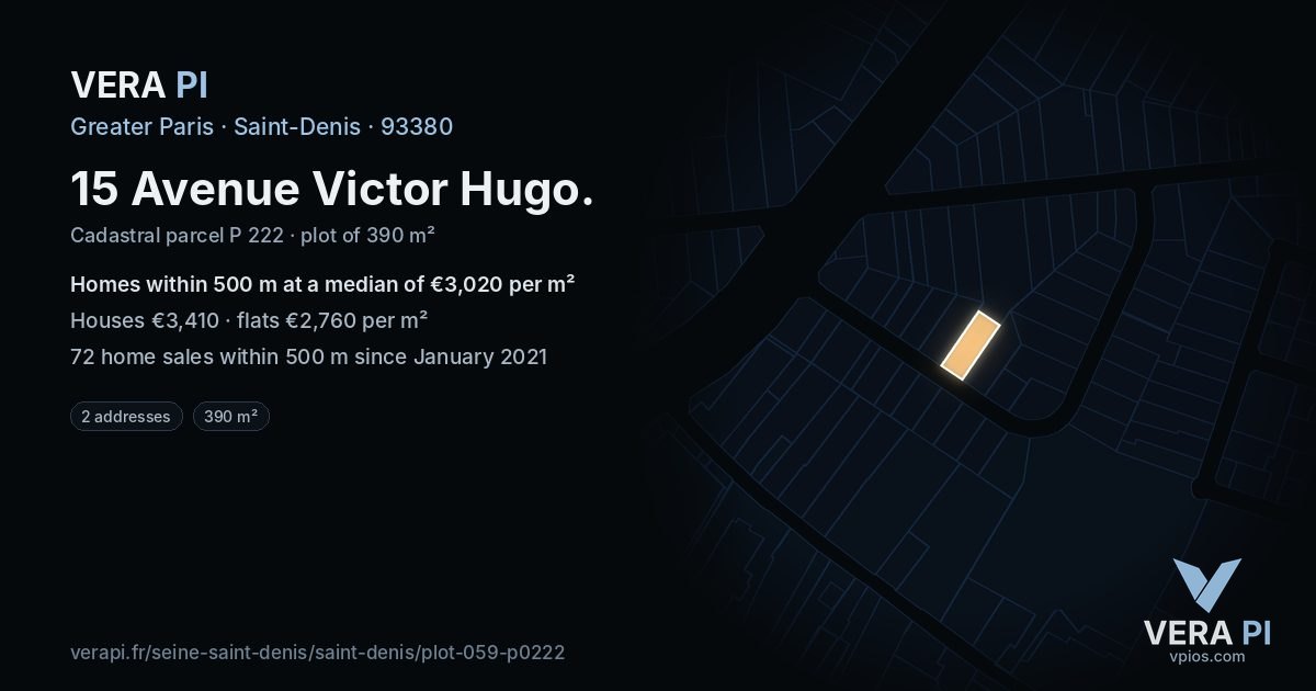 15 Avenue Victor Hugo, Saint-Denis at night – the plot lit, the parcels around coloured by the prices near them