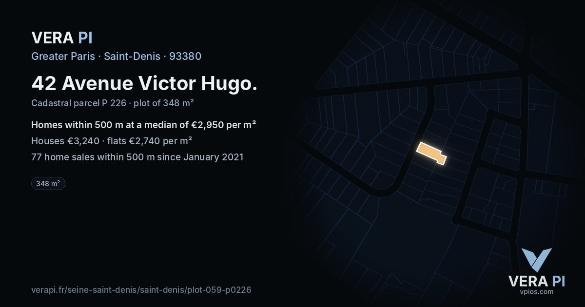 42 Avenue Victor Hugo, Saint-Denis at night – the plot lit, the parcels around coloured by the prices near them