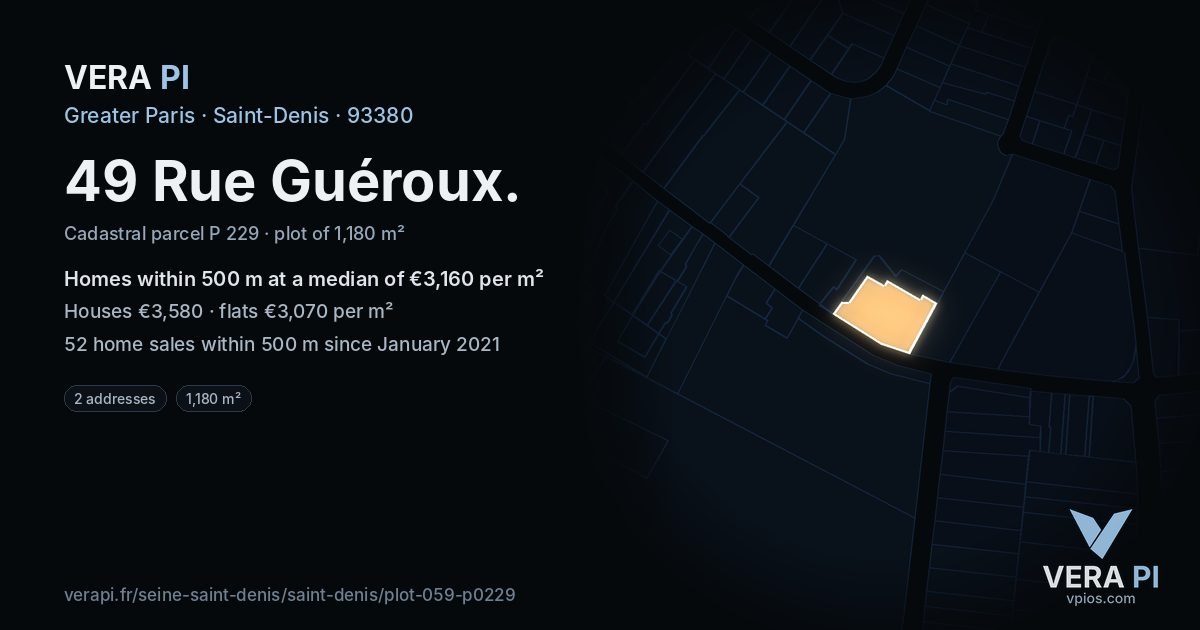 49 Rue Guéroux, Saint-Denis at night – the plot lit, the parcels around coloured by the prices near them