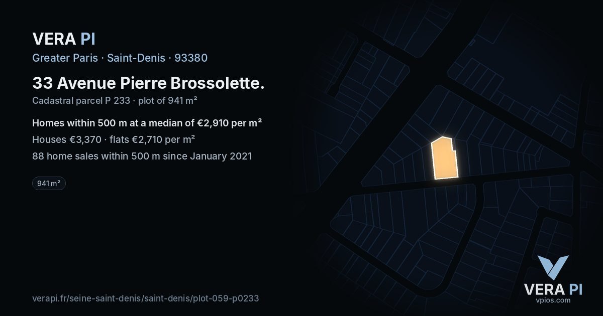 33 Avenue Pierre Brossolette, Saint-Denis at night – the plot lit, the parcels around coloured by the prices near them