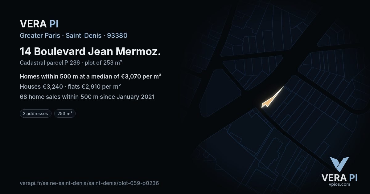 14 Boulevard Jean Mermoz, Saint-Denis at night – the plot lit, the parcels around coloured by the prices near them