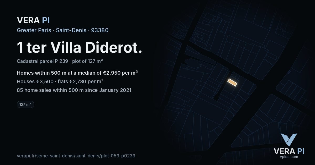 1 ter Villa Diderot, Saint-Denis at night – the plot lit, the parcels around coloured by the prices near them