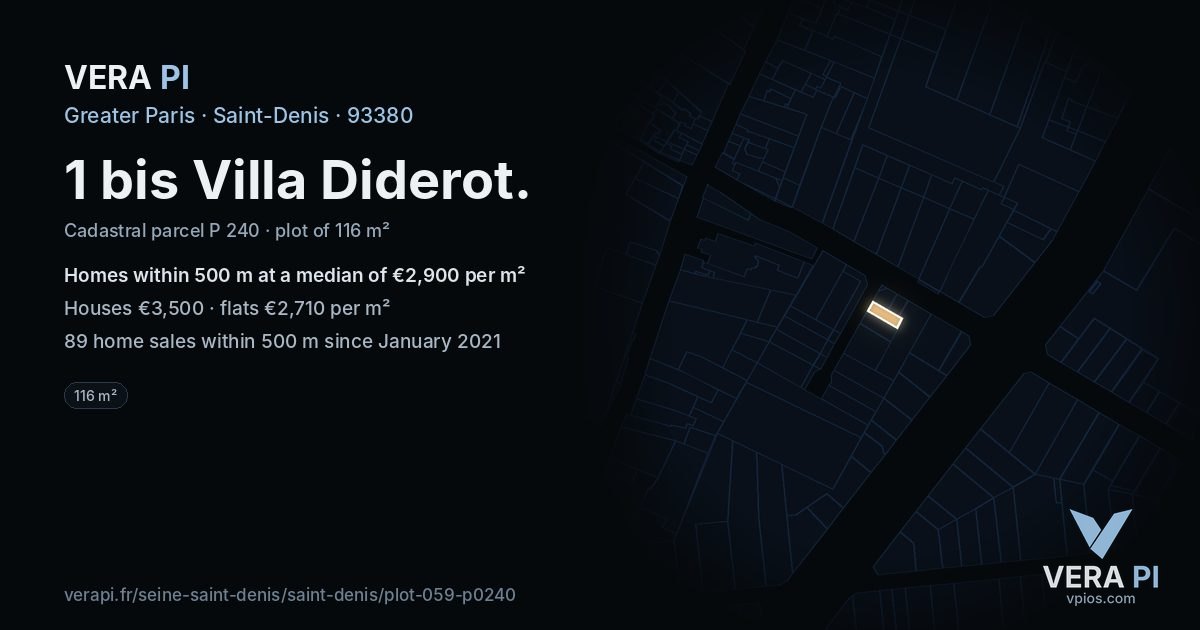 1 bis Villa Diderot, Saint-Denis at night – the plot lit, the parcels around coloured by the prices near them