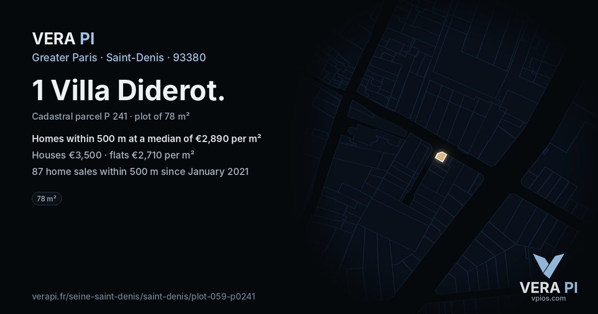 1 Villa Diderot, Saint-Denis at night – the plot lit, the parcels around coloured by the prices near them