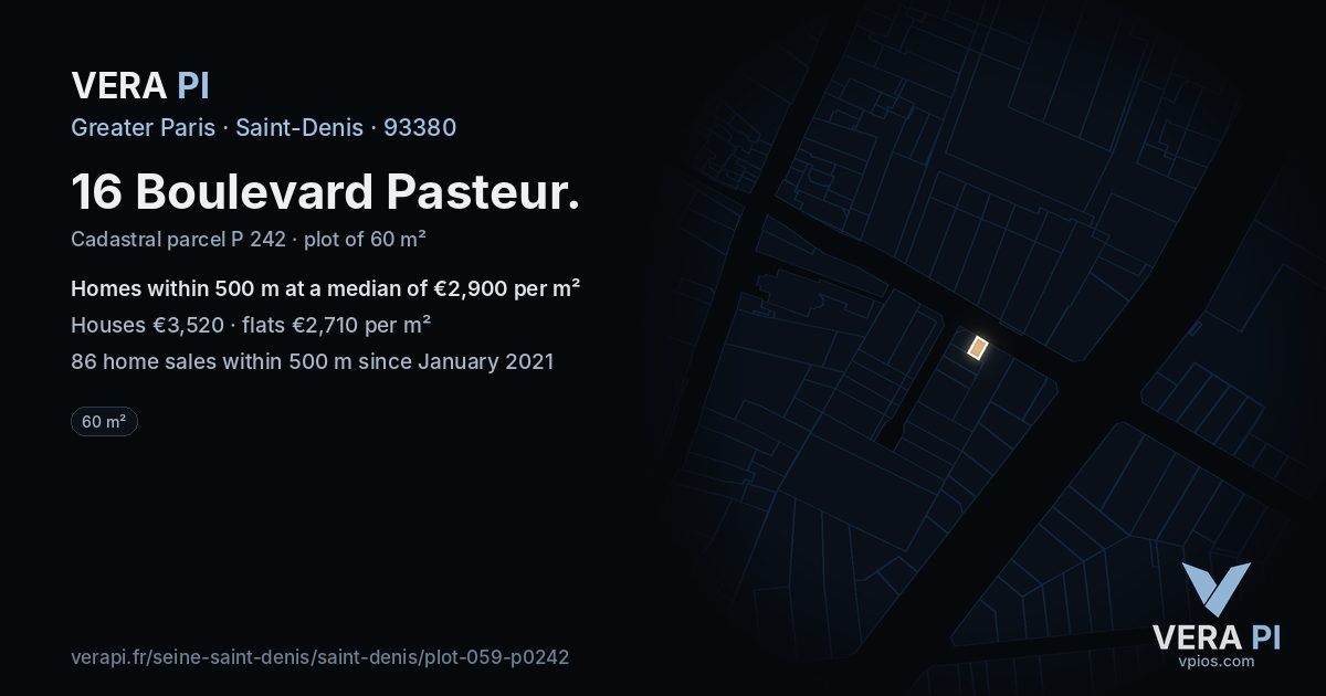 16 Boulevard Pasteur, Saint-Denis at night – the plot lit, the parcels around coloured by the prices near them