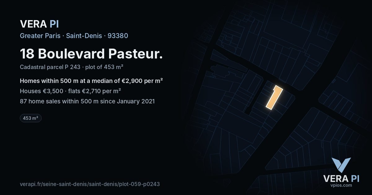 18 Boulevard Pasteur, Saint-Denis at night – the plot lit, the parcels around coloured by the prices near them