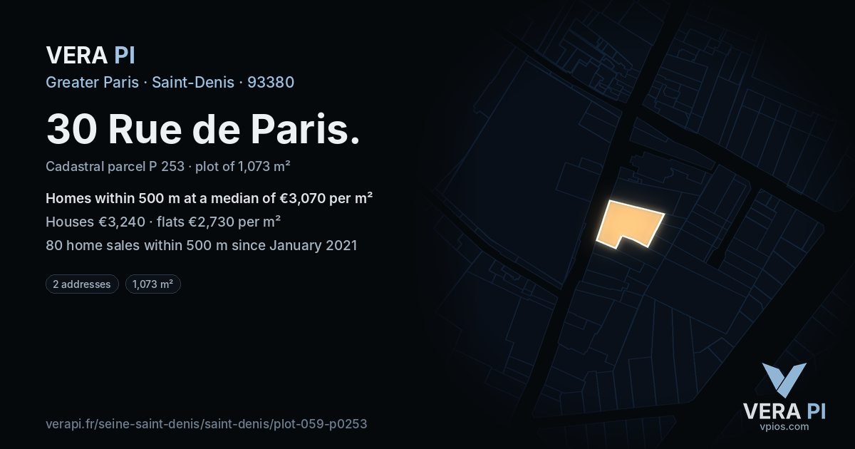 30 Rue de Paris, Saint-Denis at night – the plot lit, the parcels around coloured by the prices near them