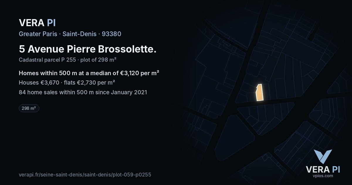 5 Avenue Pierre Brossolette, Saint-Denis at night – the plot lit, the parcels around coloured by the prices near them