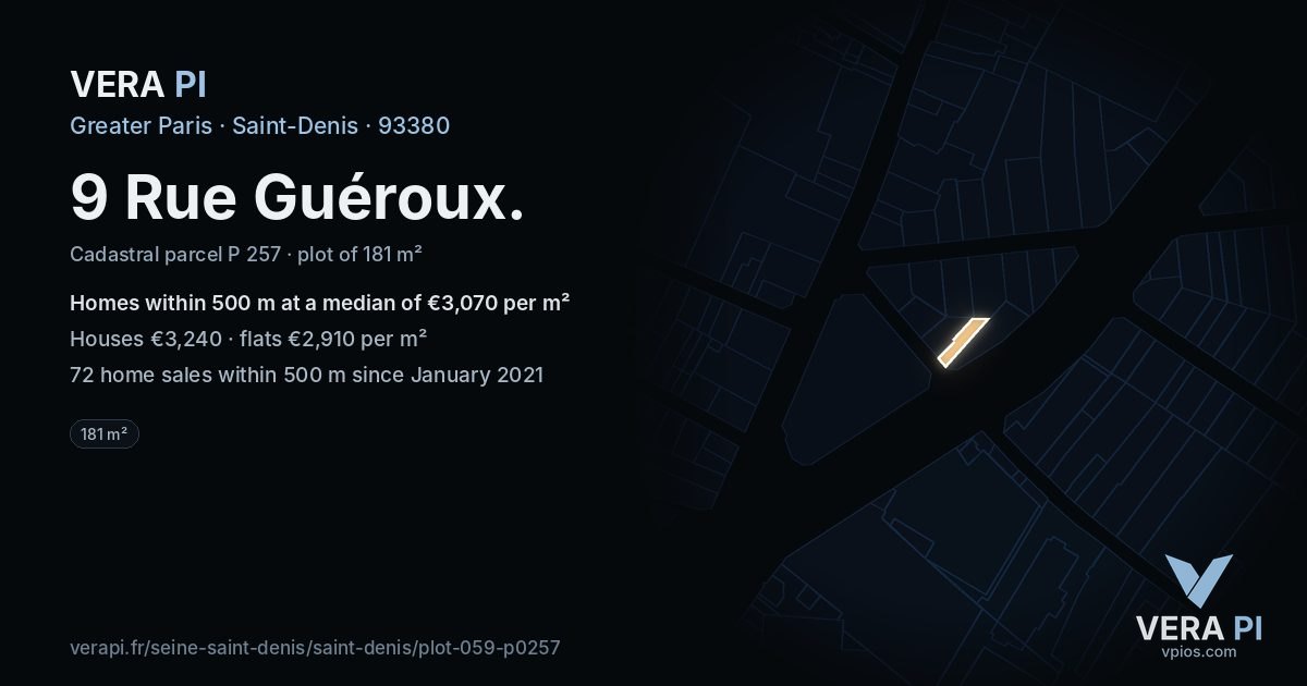 9 Rue Guéroux, Saint-Denis at night – the plot lit, the parcels around coloured by the prices near them