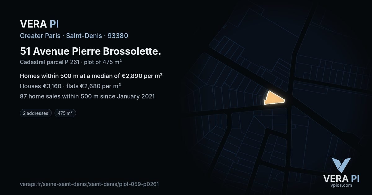 51 Avenue Pierre Brossolette, Saint-Denis at night – the plot lit, the parcels around coloured by the prices near them