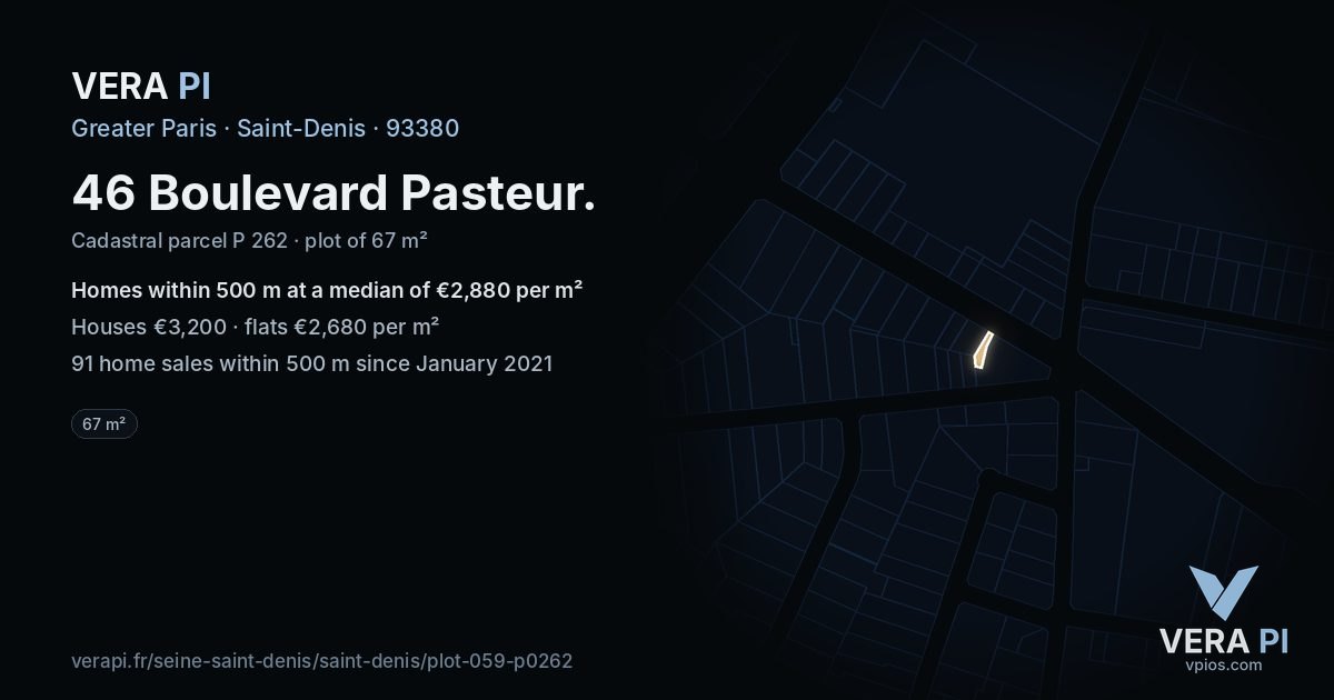 46 Boulevard Pasteur, Saint-Denis at night – the plot lit, the parcels around coloured by the prices near them