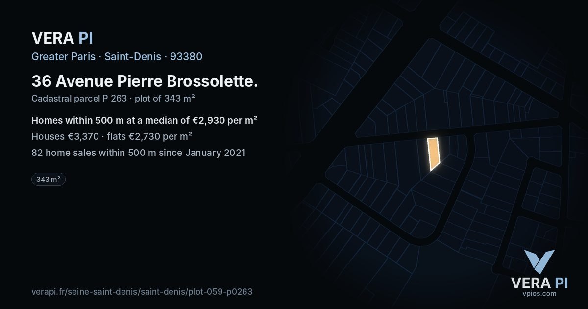 36 Avenue Pierre Brossolette, Saint-Denis at night – the plot lit, the parcels around coloured by the prices near them
