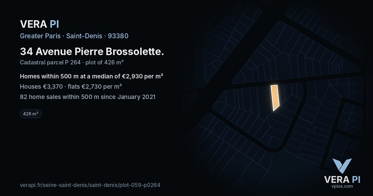 34 Avenue Pierre Brossolette, Saint-Denis at night – the plot lit, the parcels around coloured by the prices near them