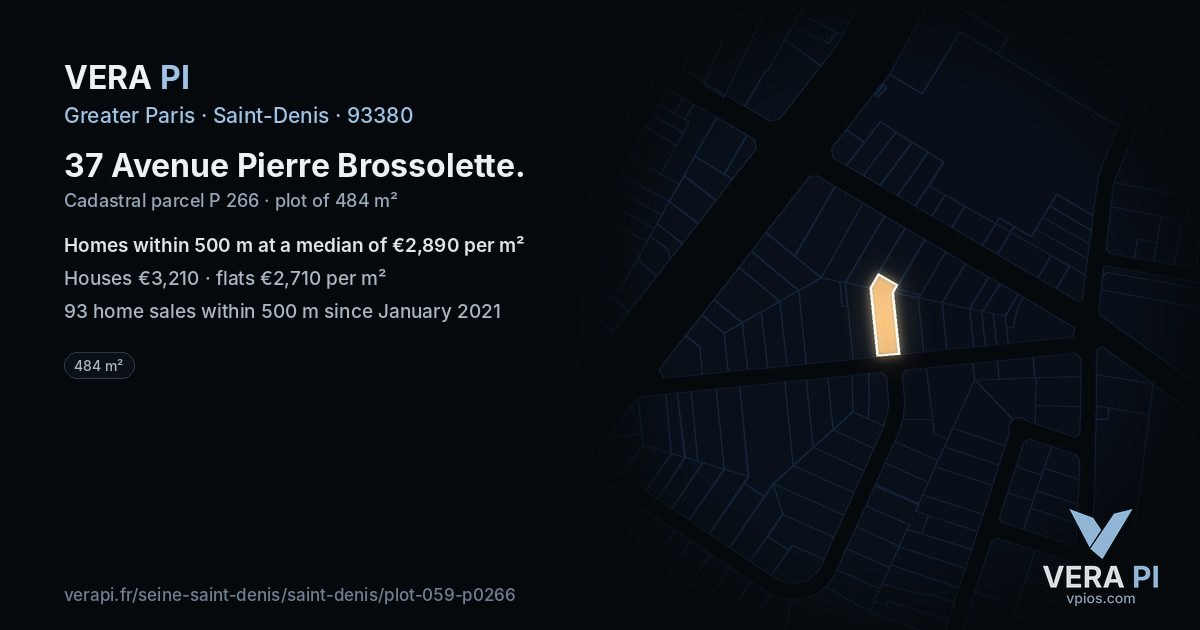 37 Avenue Pierre Brossolette, Saint-Denis at night – the plot lit, the parcels around coloured by the prices near them