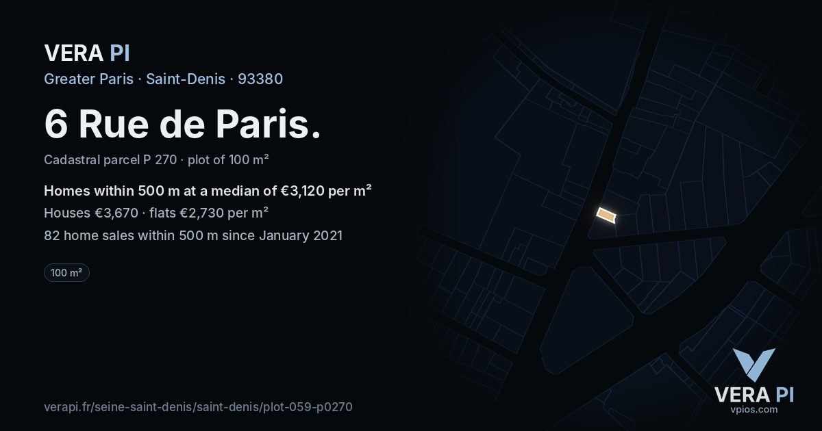 6 Rue de Paris, Saint-Denis at night – the plot lit, the parcels around coloured by the prices near them