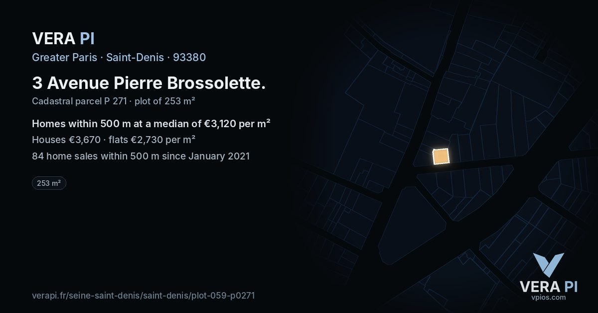 3 Avenue Pierre Brossolette, Saint-Denis at night – the plot lit, the parcels around coloured by the prices near them