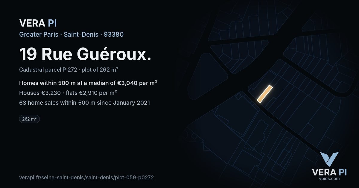 19 Rue Guéroux, Saint-Denis at night – the plot lit, the parcels around coloured by the prices near them
