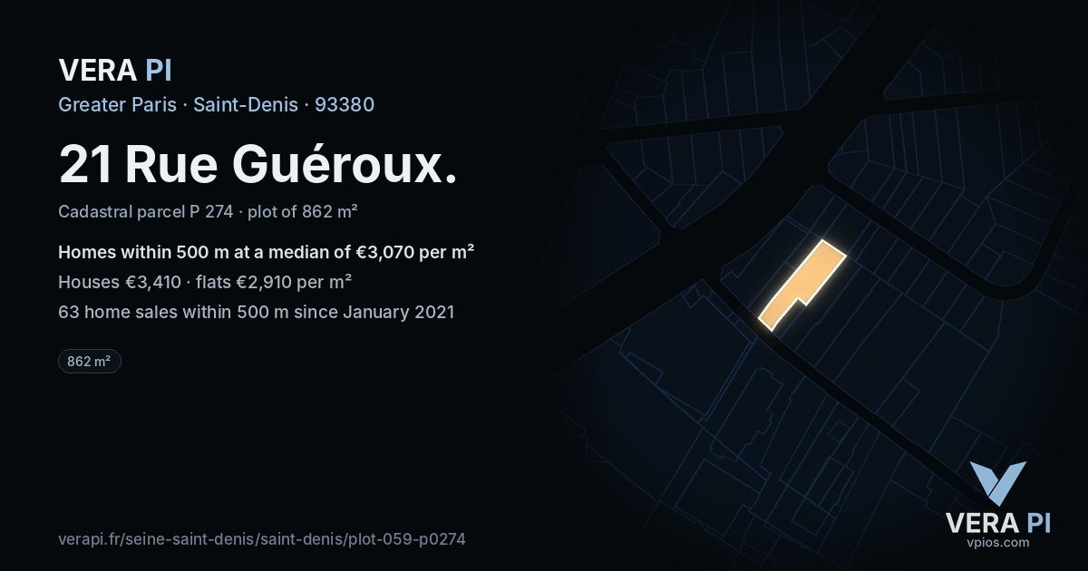 21 Rue Guéroux, Saint-Denis at night – the plot lit, the parcels around coloured by the prices near them