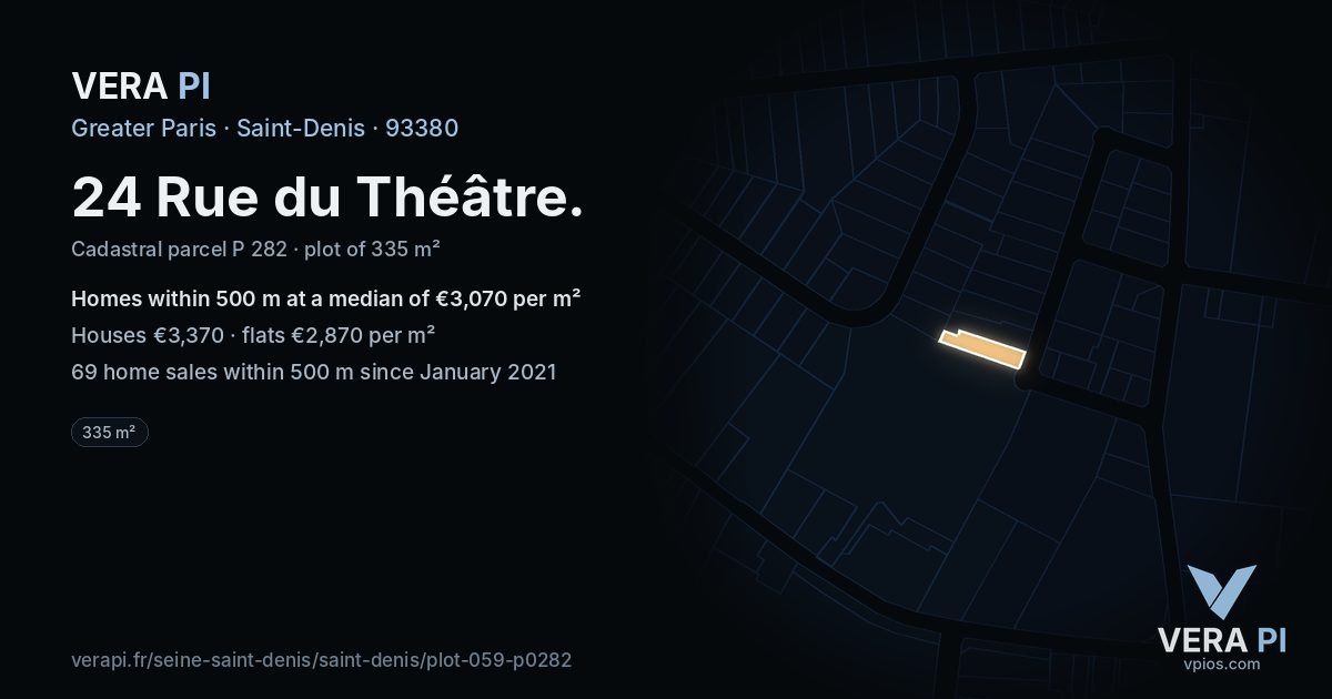 24 Rue du Théâtre, Saint-Denis at night – the plot lit, the parcels around coloured by the prices near them