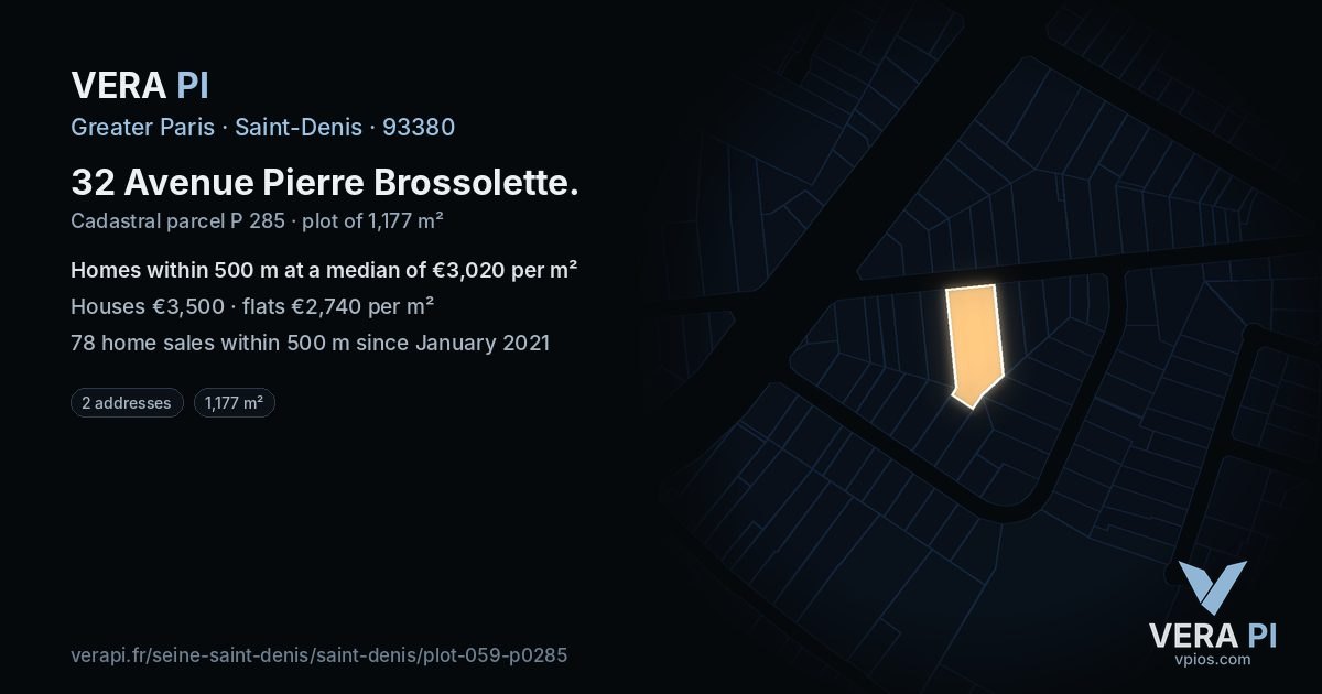 32 Avenue Pierre Brossolette, Saint-Denis at night – the plot lit, the parcels around coloured by the prices near them