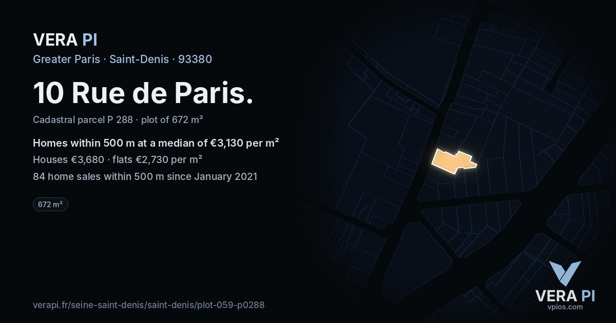 10 Rue de Paris, Saint-Denis at night – the plot lit, the parcels around coloured by the prices near them
