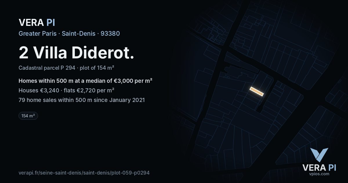2 Villa Diderot, Saint-Denis at night – the plot lit, the parcels around coloured by the prices near them