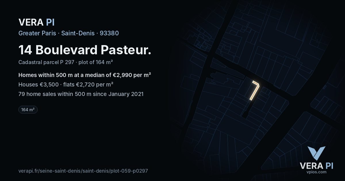 14 Boulevard Pasteur, Saint-Denis at night – the plot lit, the parcels around coloured by the prices near them