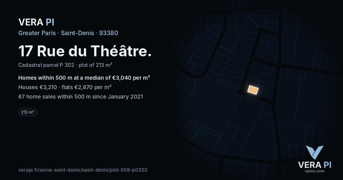 17 Rue du Théâtre, Saint-Denis at night – the plot lit, the parcels around coloured by the prices near them