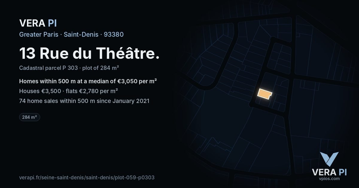 13 Rue du Théâtre, Saint-Denis at night – the plot lit, the parcels around coloured by the prices near them