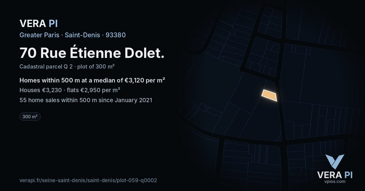 70 Rue Étienne Dolet, Saint-Denis at night – the plot lit, the parcels around coloured by the prices near them