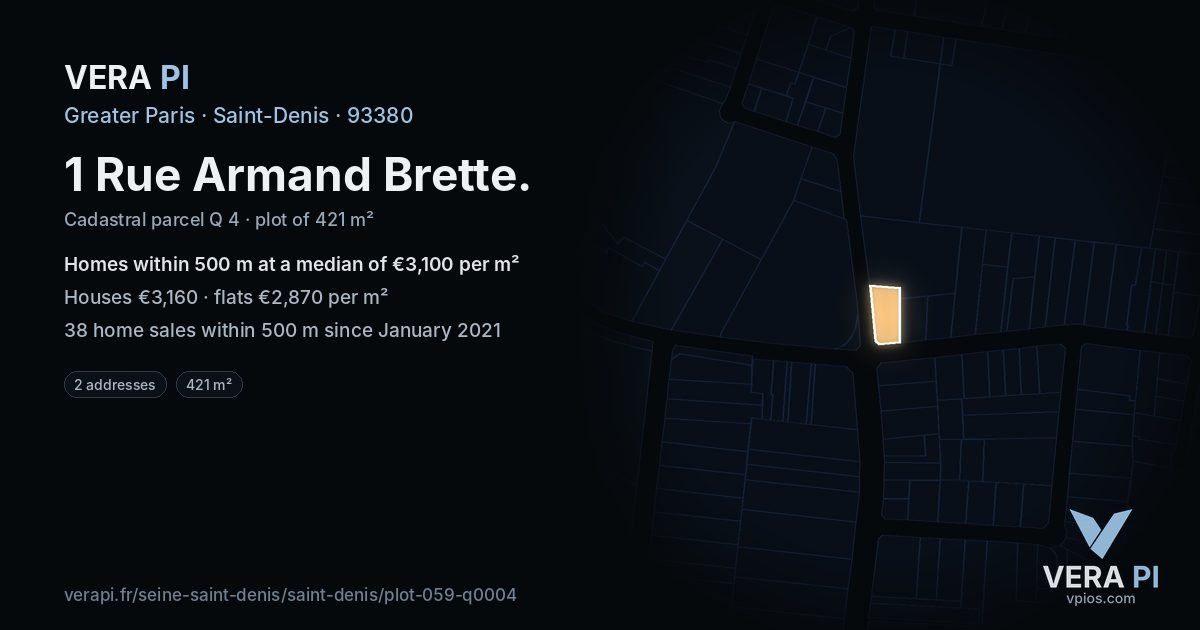 1 Rue Armand Brette, Saint-Denis at night – the plot lit, the parcels around coloured by the prices near them