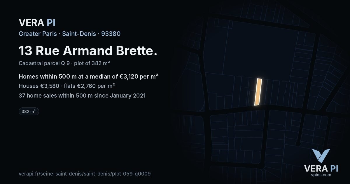 13 Rue Armand Brette, Saint-Denis at night – the plot lit, the parcels around coloured by the prices near them