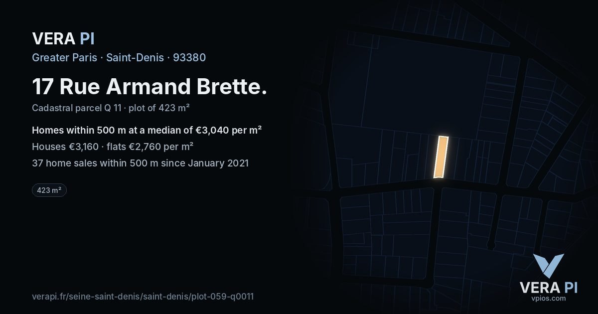17 Rue Armand Brette, Saint-Denis at night – the plot lit, the parcels around coloured by the prices near them