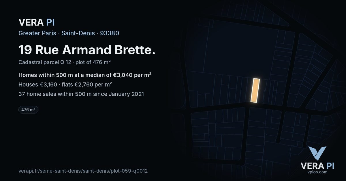 19 Rue Armand Brette, Saint-Denis at night – the plot lit, the parcels around coloured by the prices near them
