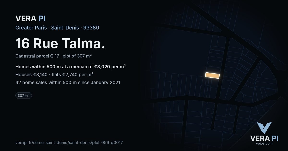 16 Rue Talma, Saint-Denis at night – the plot lit, the parcels around coloured by the prices near them