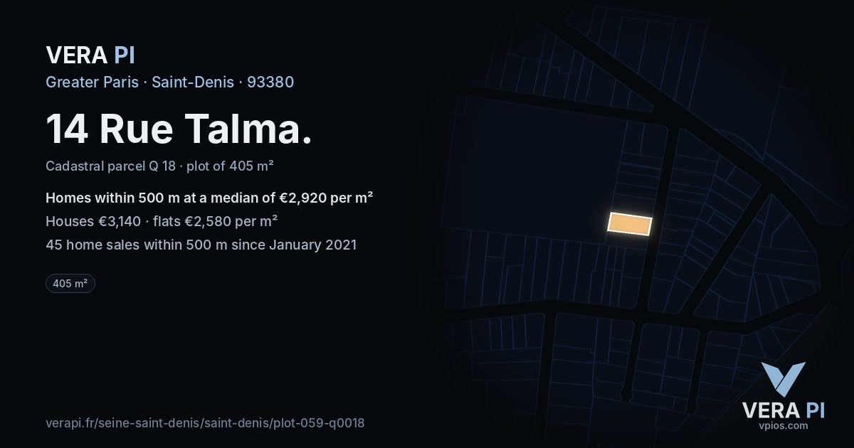 14 Rue Talma, Saint-Denis at night – the plot lit, the parcels around coloured by the prices near them