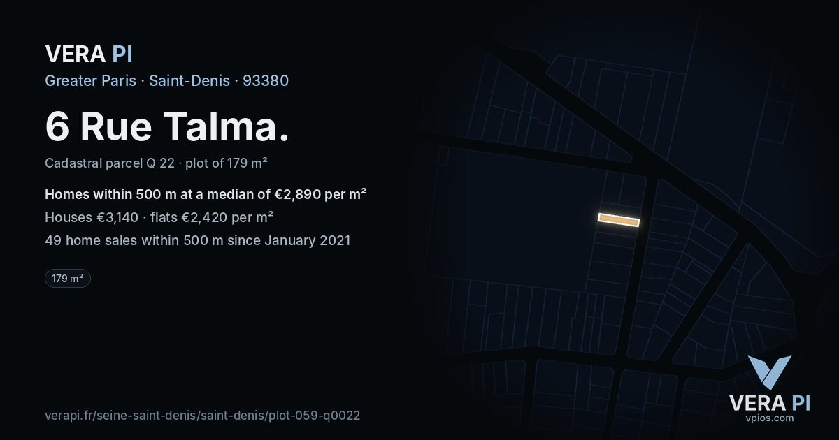 6 Rue Talma, Saint-Denis at night – the plot lit, the parcels around coloured by the prices near them