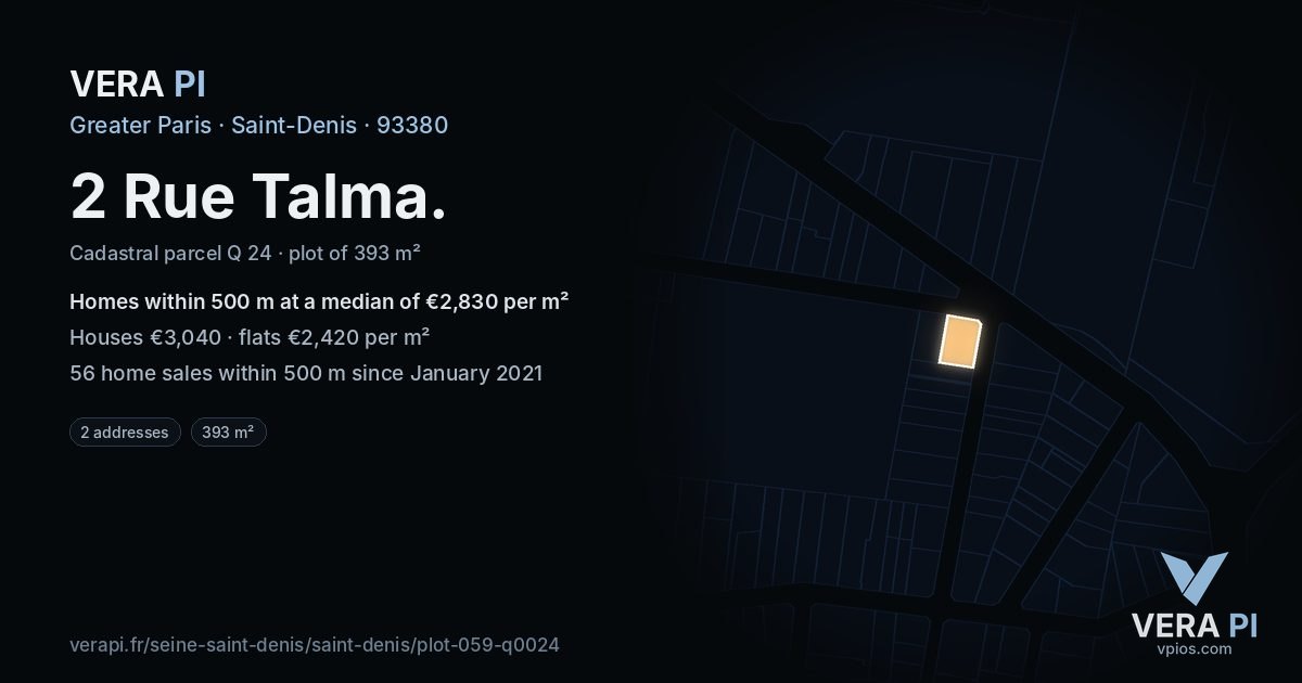 2 Rue Talma, Saint-Denis at night – the plot lit, the parcels around coloured by the prices near them