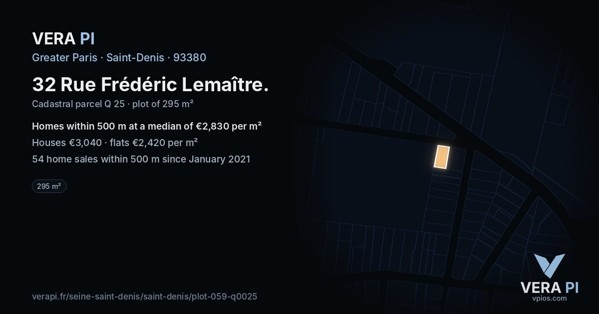 32 Rue Frédéric Lemaître, Saint-Denis at night – the plot lit, the parcels around coloured by the prices near them