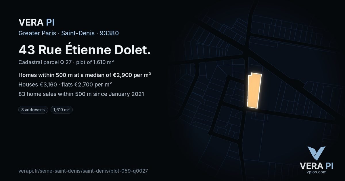 43 Rue Étienne Dolet, Saint-Denis at night – the plot lit, the parcels around coloured by the prices near them