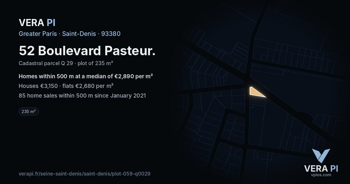 52 Boulevard Pasteur, Saint-Denis at night – the plot lit, the parcels around coloured by the prices near them