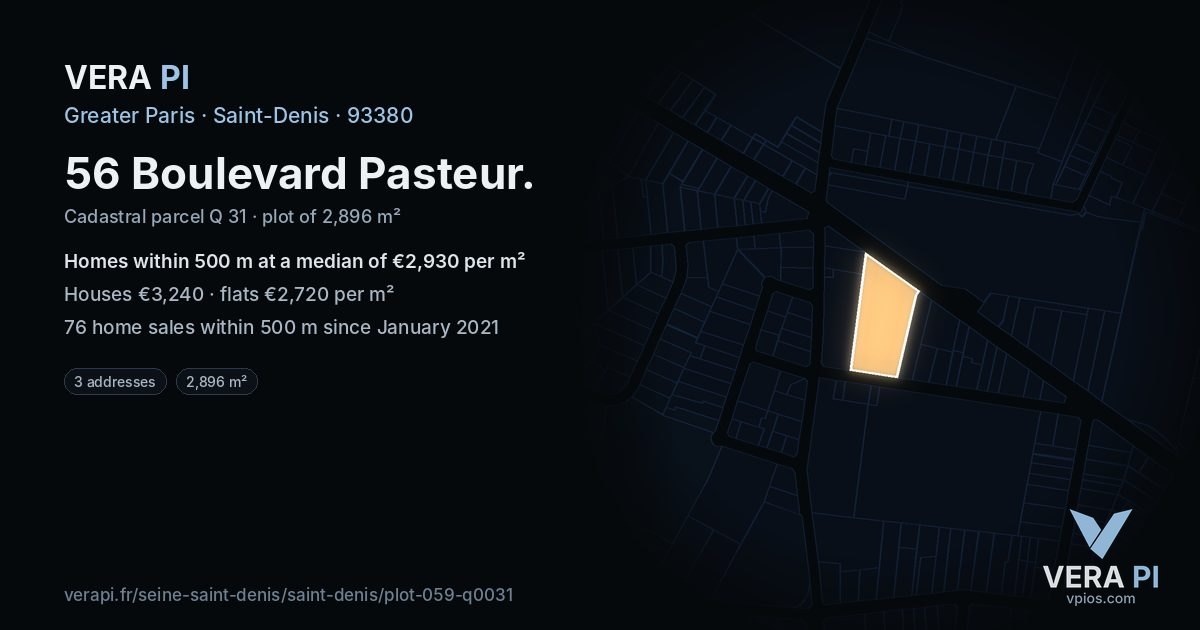 56 Boulevard Pasteur, Saint-Denis at night – the plot lit, the parcels around coloured by the prices near them