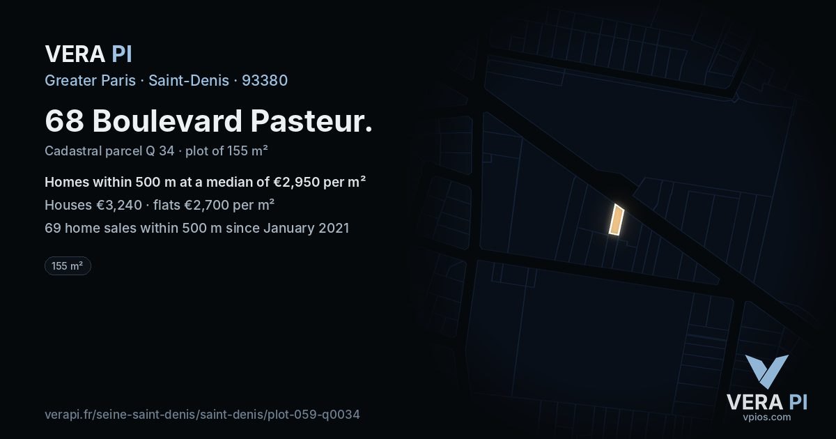 68 Boulevard Pasteur, Saint-Denis at night – the plot lit, the parcels around coloured by the prices near them