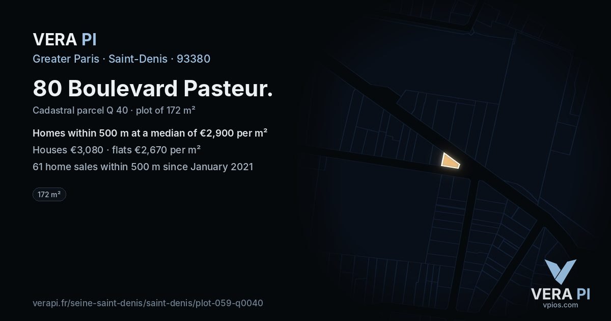 80 Boulevard Pasteur, Saint-Denis at night – the plot lit, the parcels around coloured by the prices near them