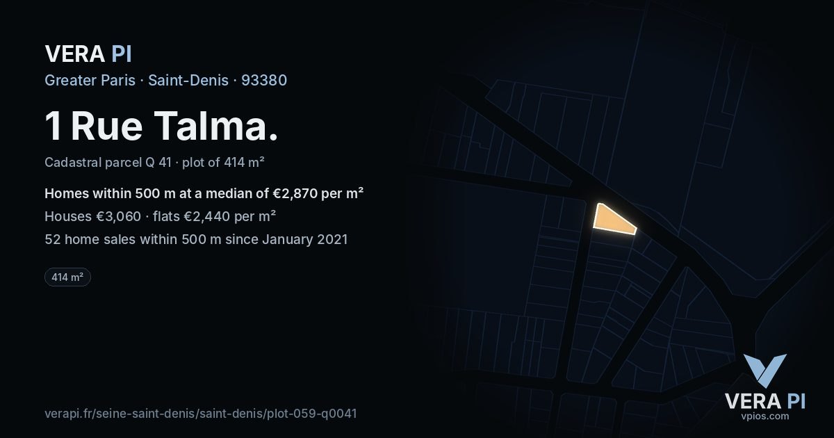 1 Rue Talma, Saint-Denis at night – the plot lit, the parcels around coloured by the prices near them