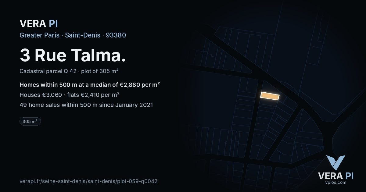 3 Rue Talma, Saint-Denis at night – the plot lit, the parcels around coloured by the prices near them