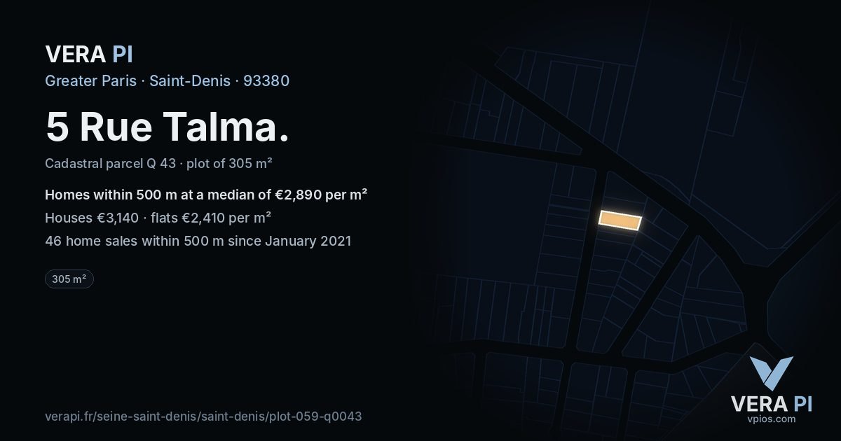 5 Rue Talma, Saint-Denis at night – the plot lit, the parcels around coloured by the prices near them