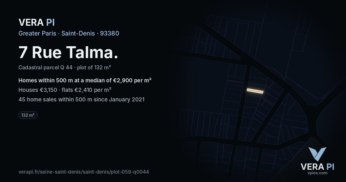 7 Rue Talma, Saint-Denis at night – the plot lit, the parcels around coloured by the prices near them