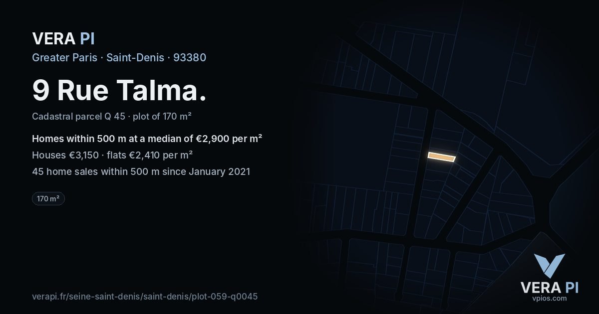 9 Rue Talma, Saint-Denis at night – the plot lit, the parcels around coloured by the prices near them